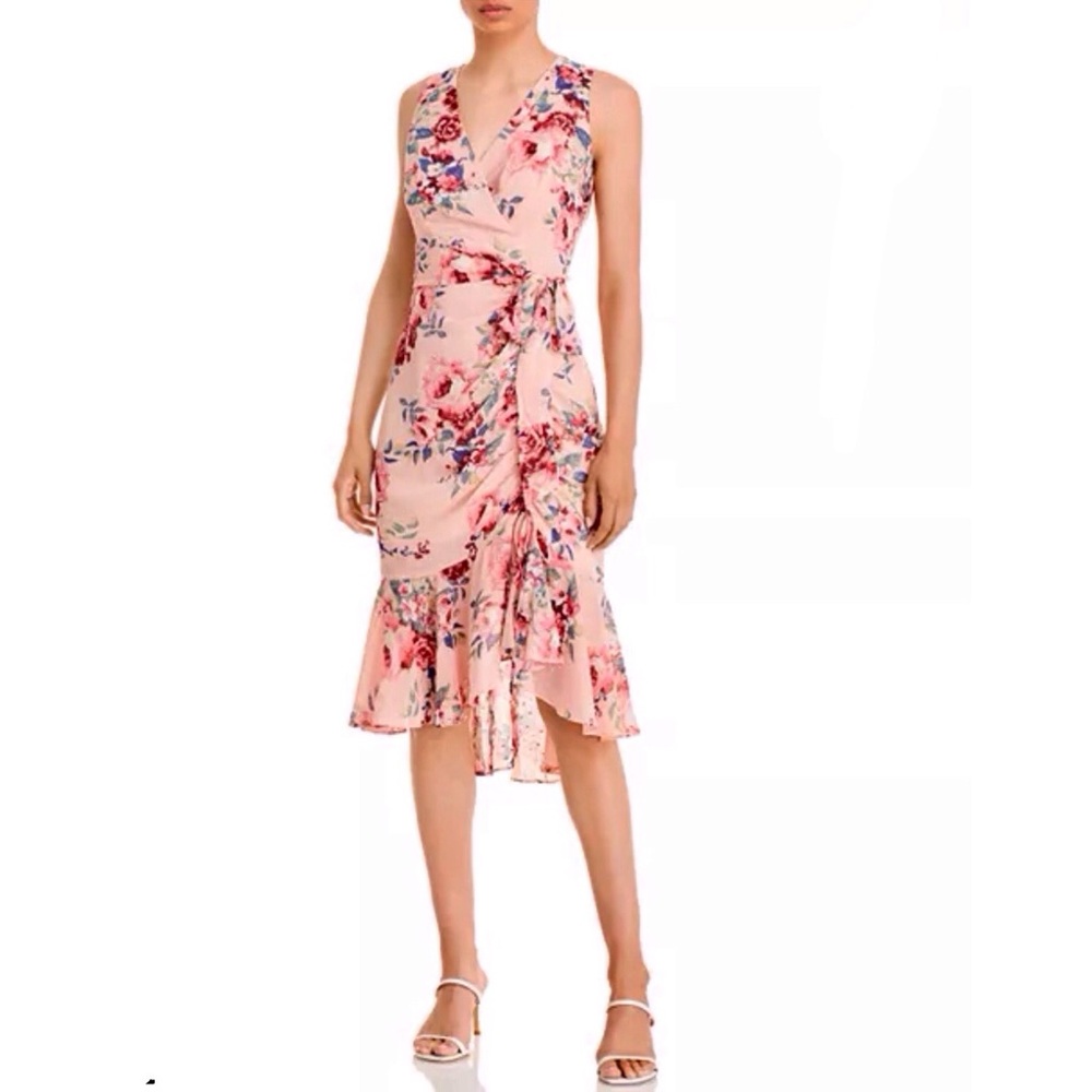 Eliza J Pink Floral Wrap Midi Dress